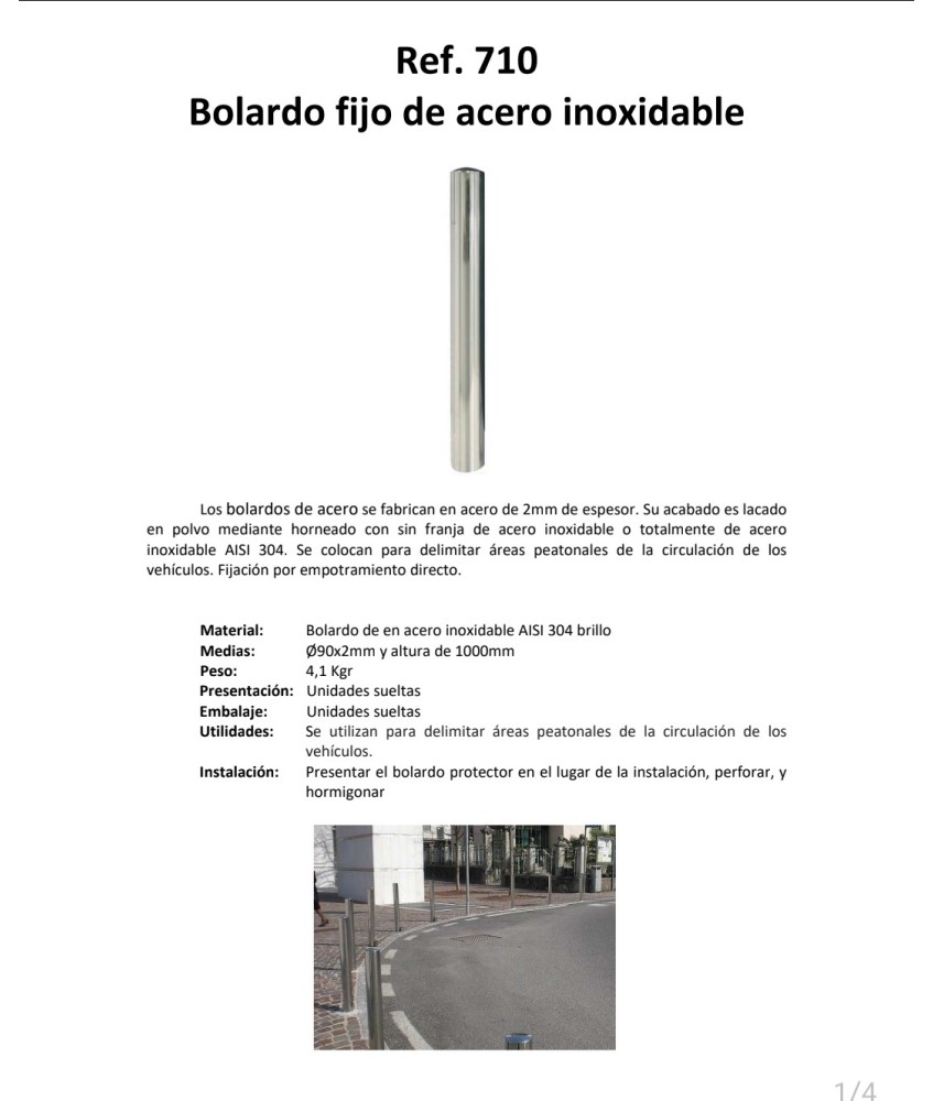 BOLARDO FIJO ACERO INOXIDABLE 1000MM